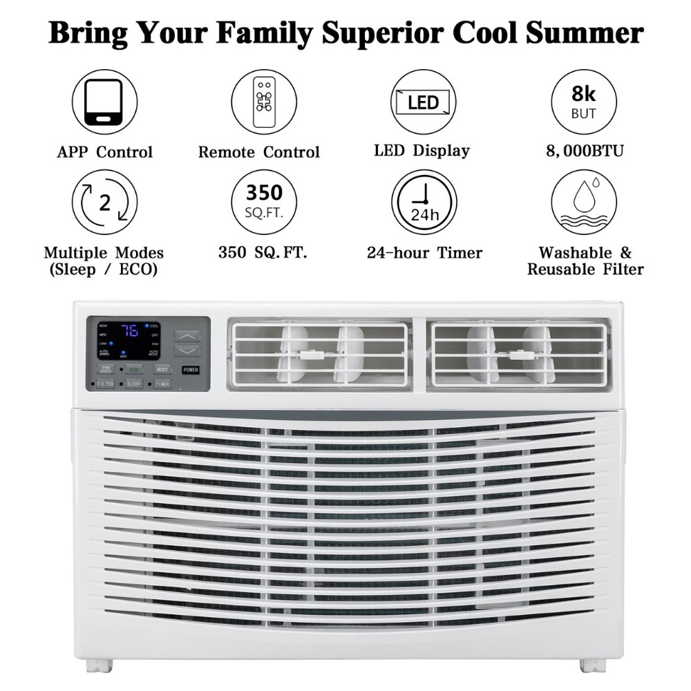 8000 BTU Window Air Conditioner Dehumidifier Fan CEER 10.9 With Remote and Wifi