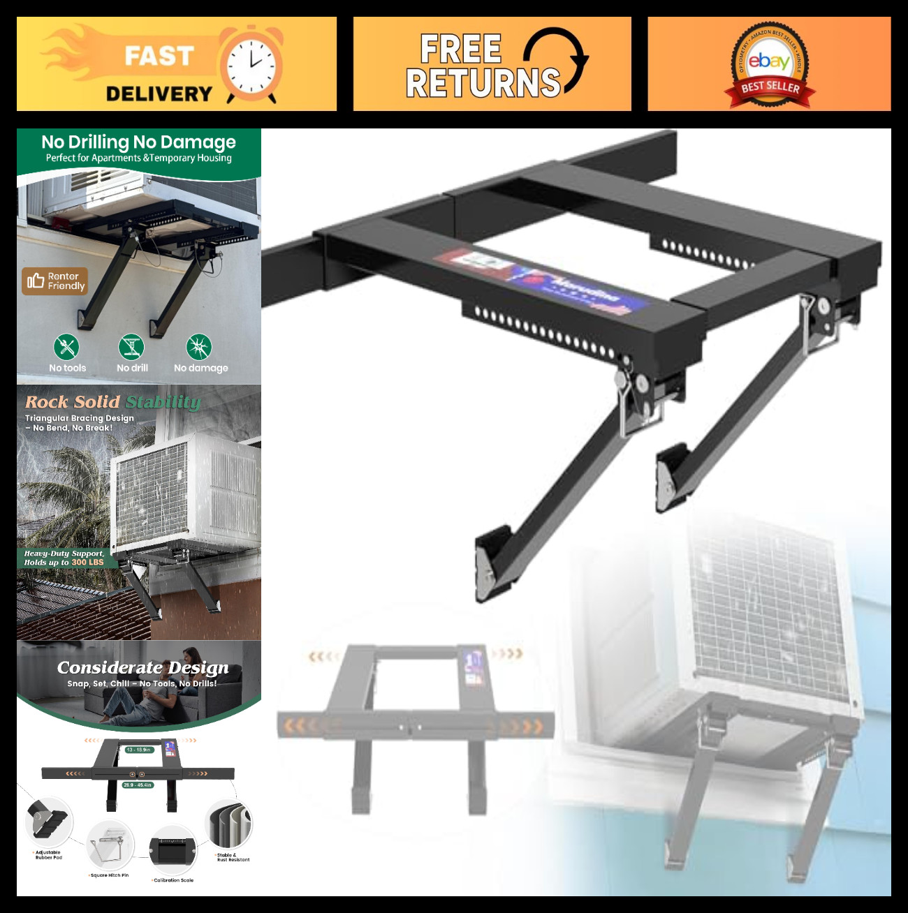 No-Drill Adjustable Window AC Bracket, Heavy-Duty Support for Single/Double Hung