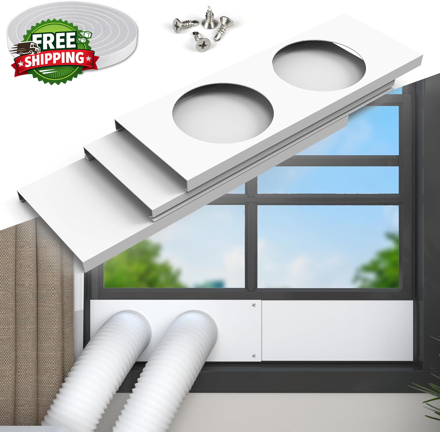 Dual Hose Portable Air Conditioner Window Kit Adjustable Window Seal Plates
