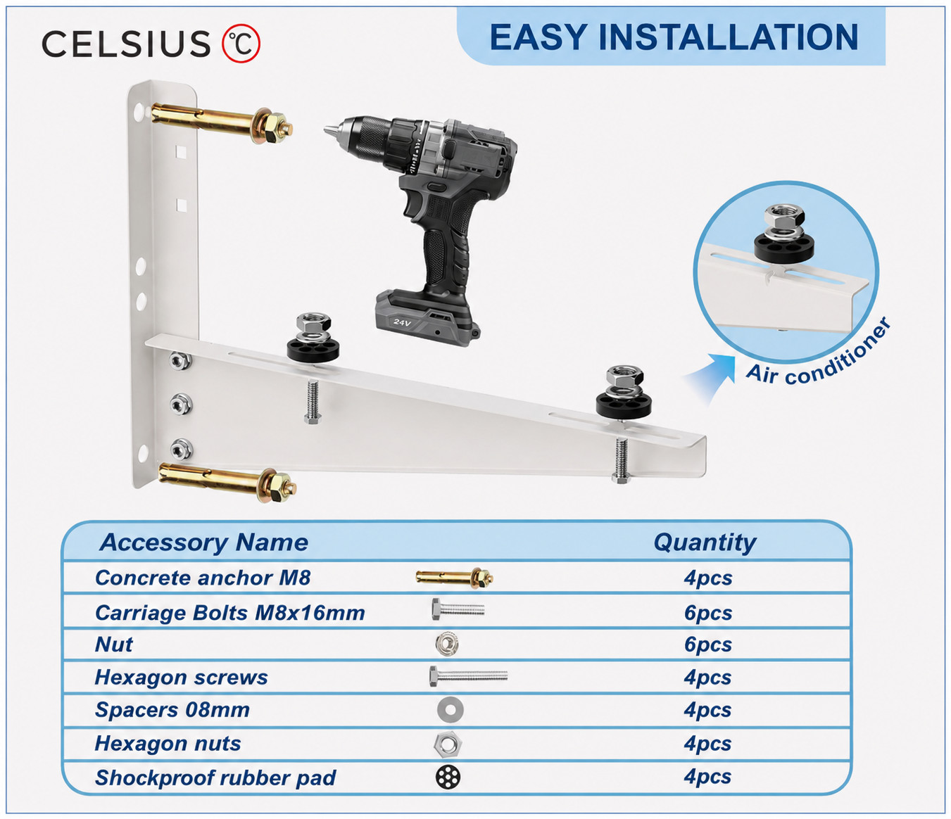 AC Outdoor Unit Wall Mount Bracket Heavy Duty 150KG to 200KG Size 450x450mm