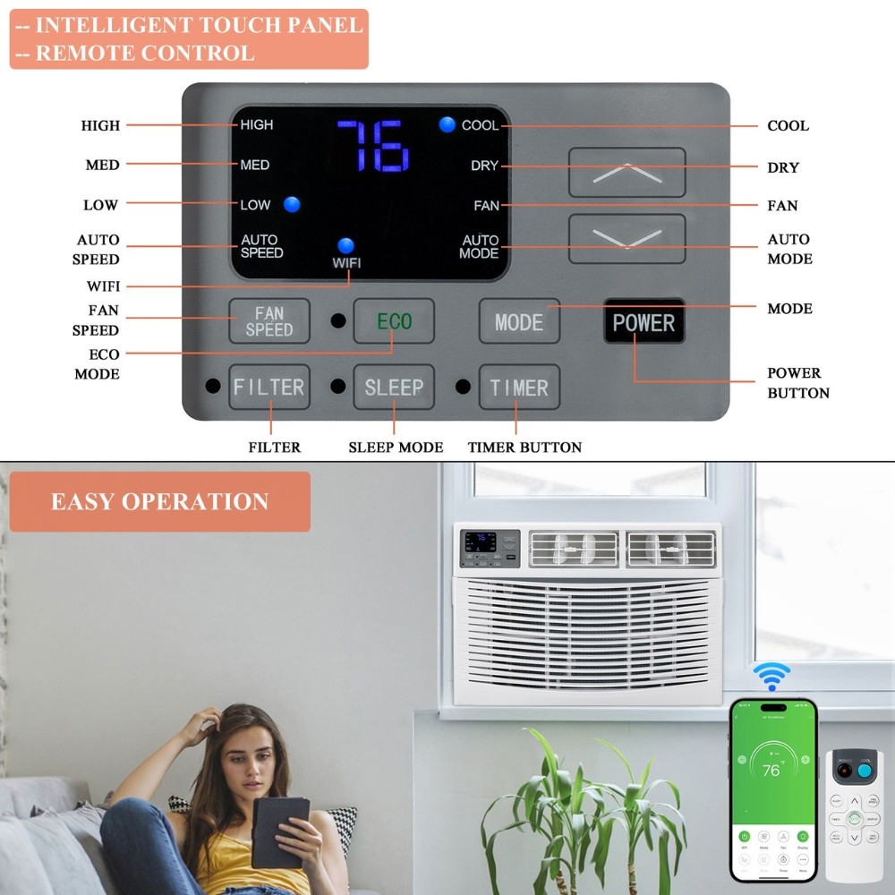 ZOKOP 10000 BTU 115V Window Air Conditioner with Wi-Fi & Remote Control, White