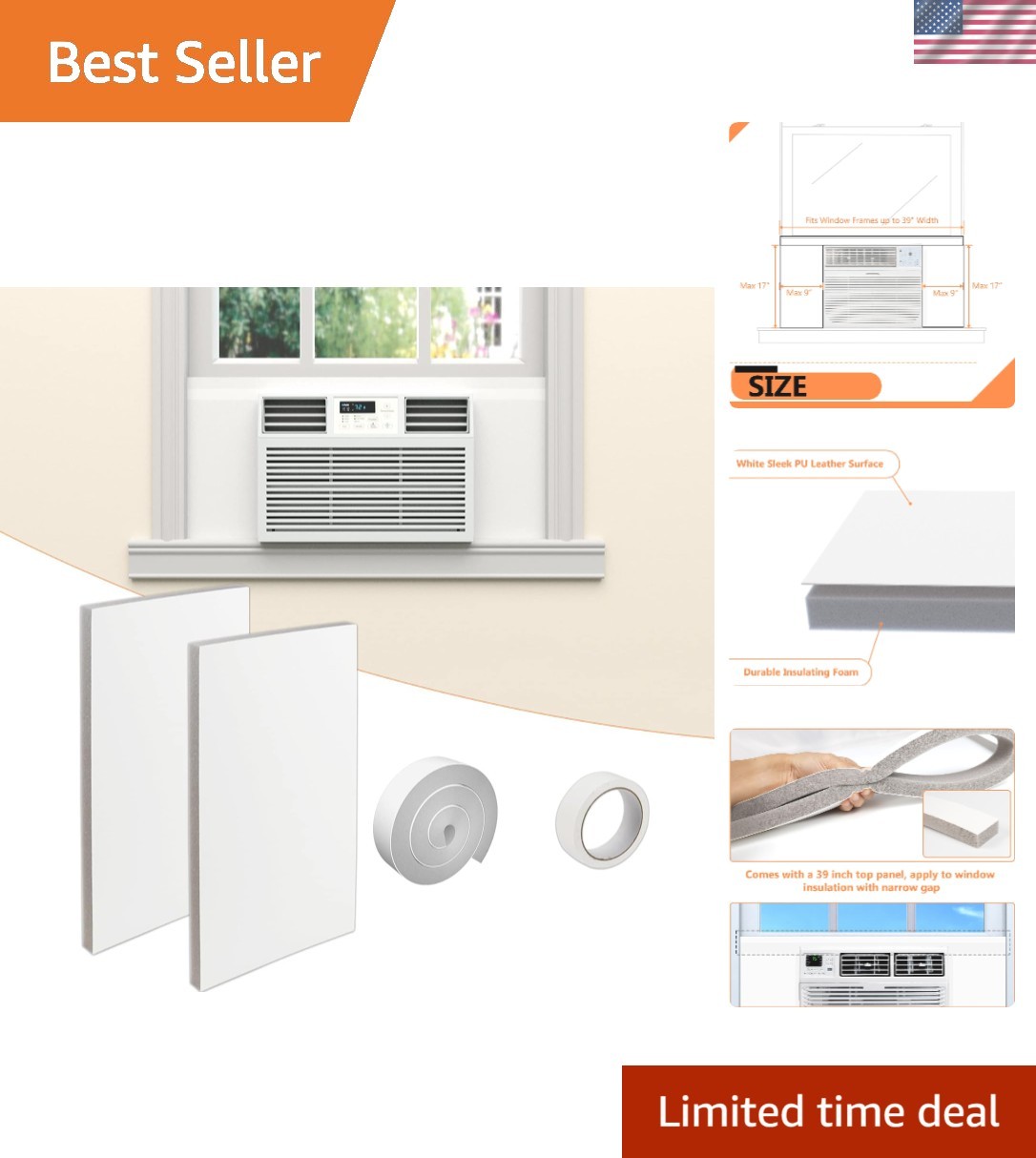 Universal Fit Window Air Conditioner Foam Panels with Top Seal Strip – White