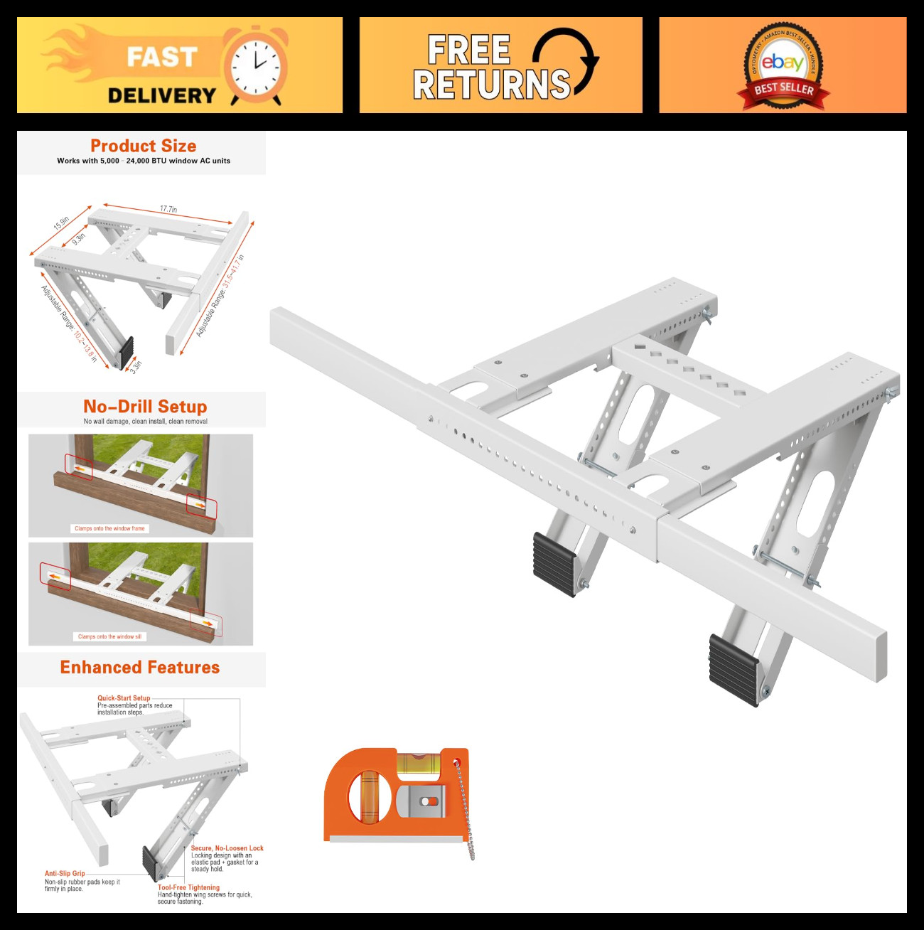 Heavy Duty Window AC Support Bracket – No Drilling, Quick Install, Fits Most Win