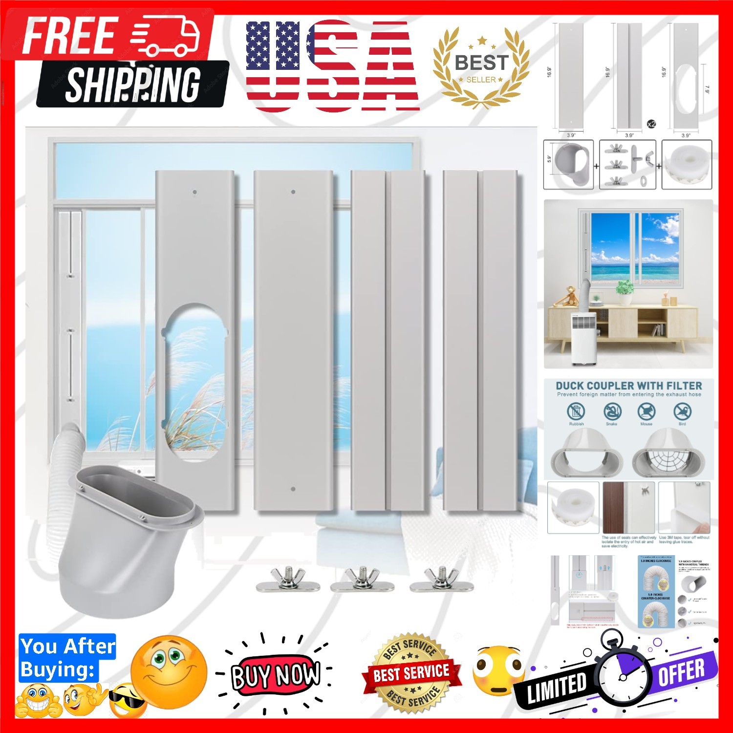Portable AC Window Vent Kit 5.9&Prime; Air Conditioner Window Seal Panel Hose Kit