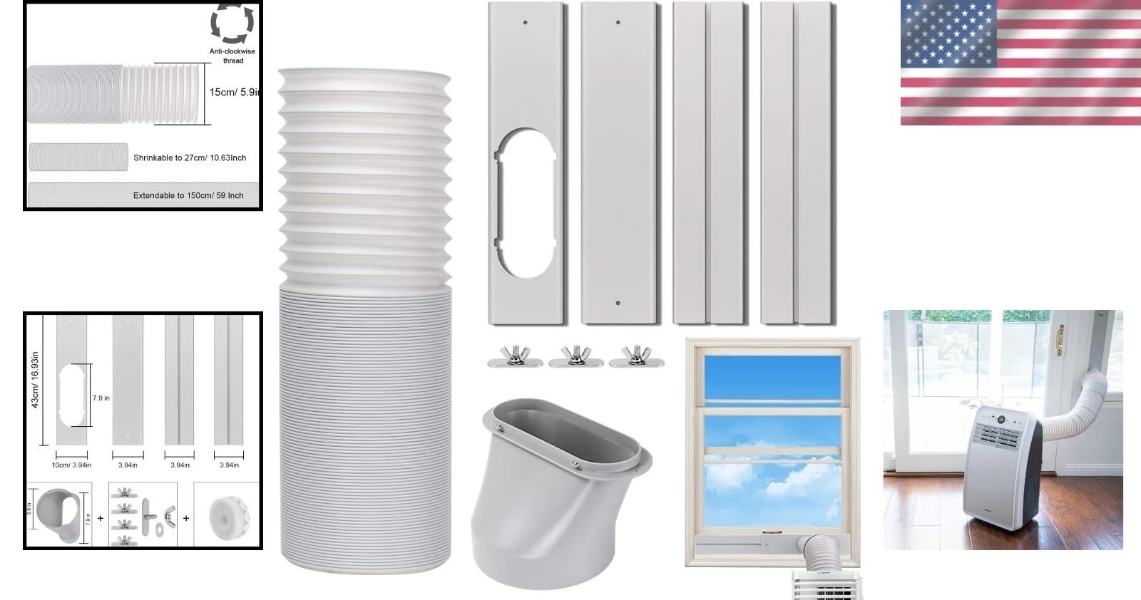 Durable Portable Air Conditioner Window Vent Kit with 5.9&Prime; Hose – Universal Fit