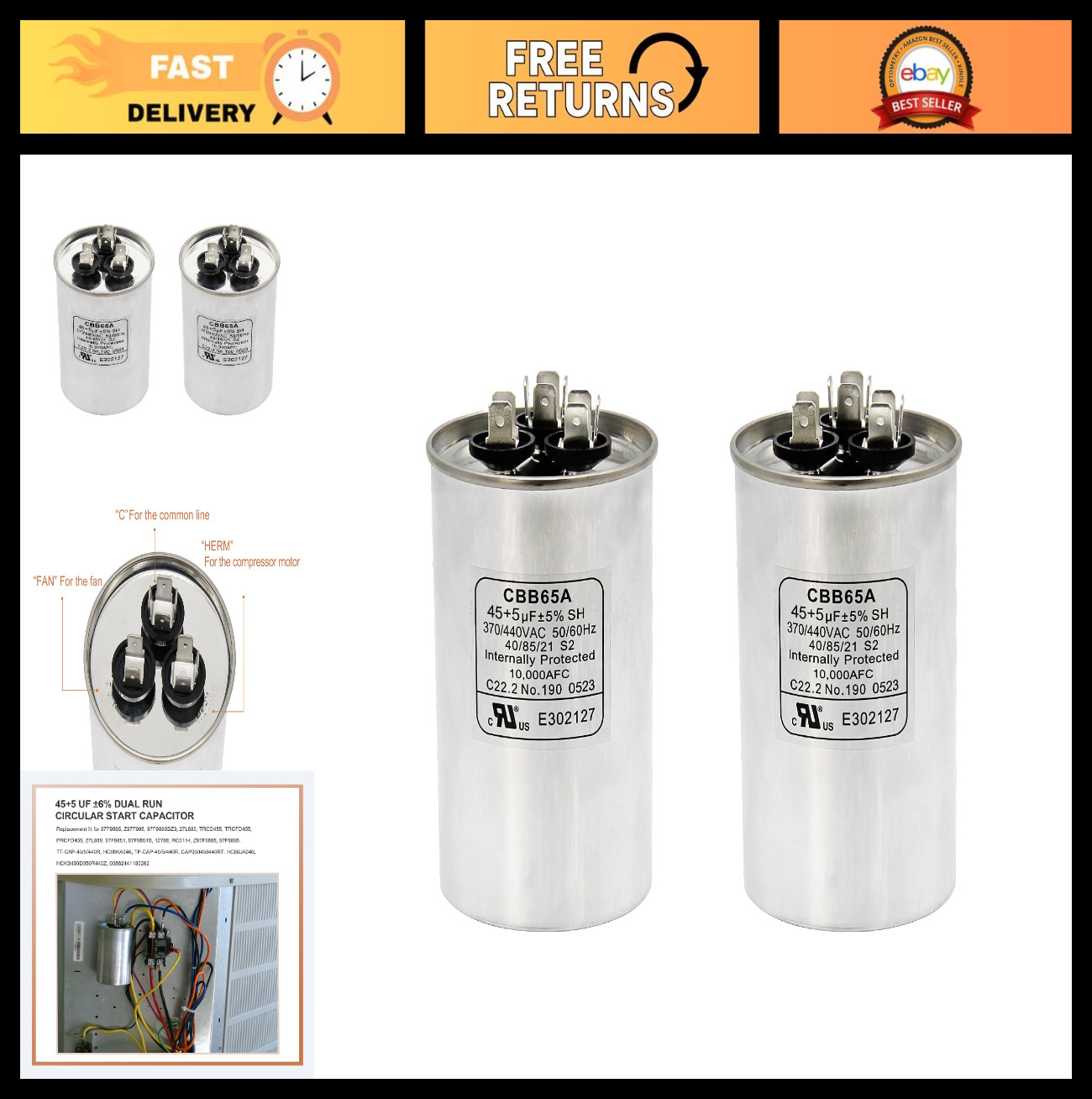 Dual Run Capacitor 45+5 uF 370V/440VAC CBB65 for AC, Heat Pump, Fan – 2 Pack