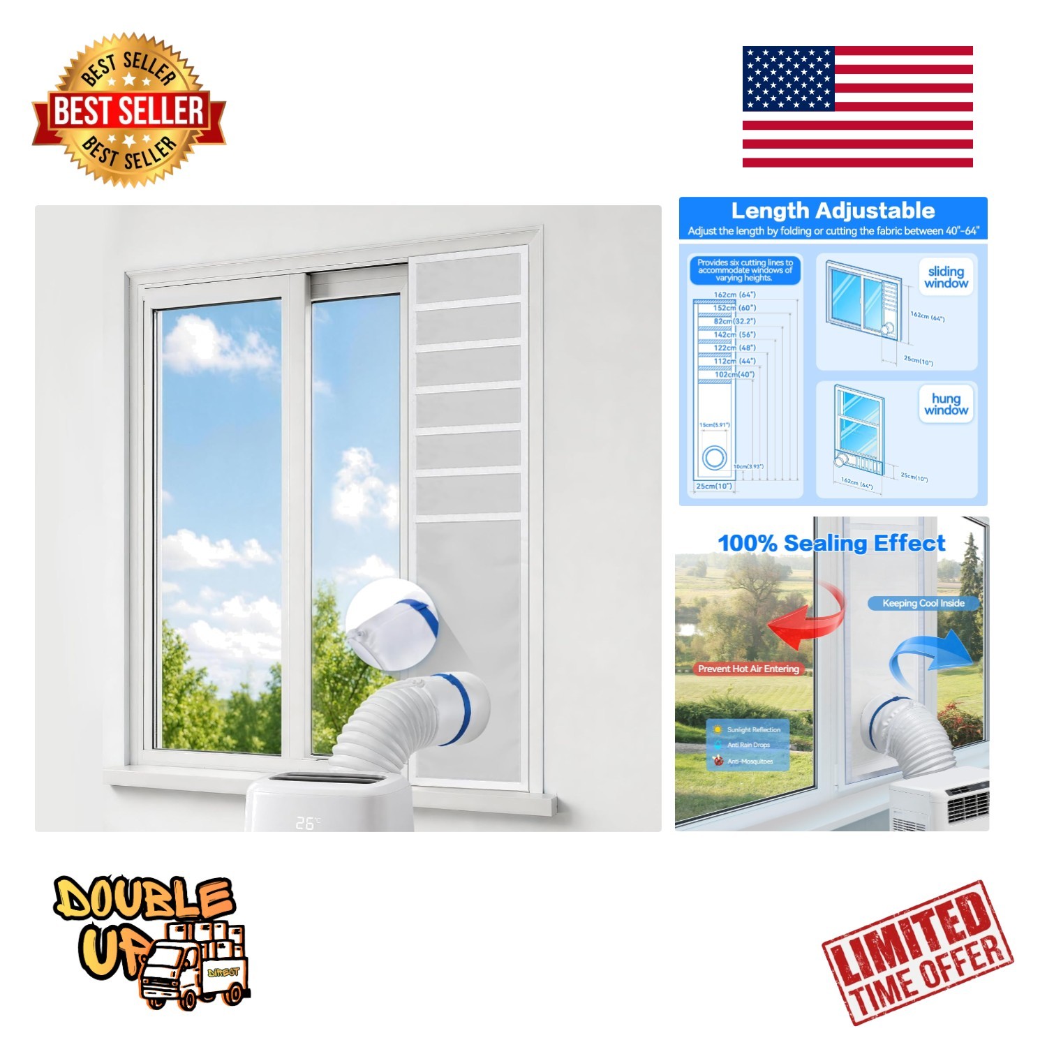 Portable Air Conditioner Window Vent Kit，100% Sealing，10&Prime;x40&Prime;~64&Prime;Length | Air…